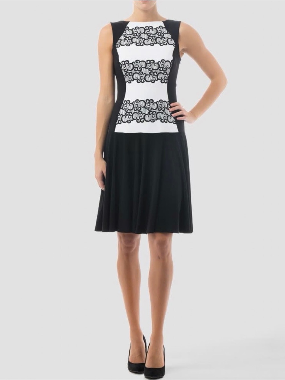 Joseph Ribkoff Black and White Sleeveless Fit-and-Flare Midi Dress